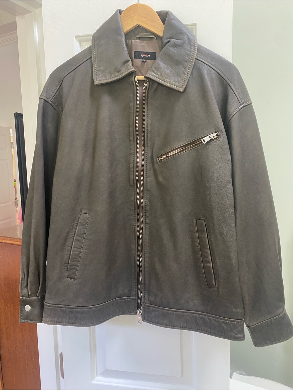 Quince Distressed Brown Leather Bomber Jacket, Size Medium
